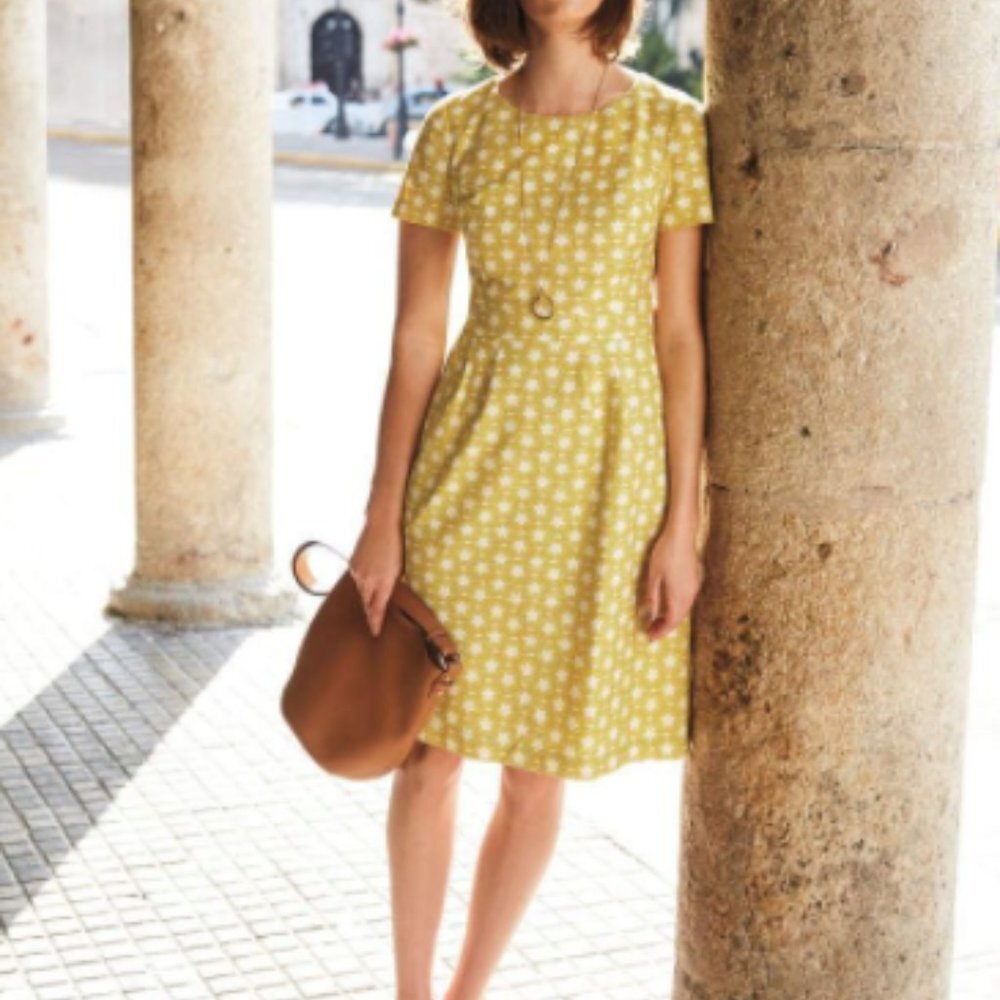 Boden Sierra Floral Yellow Mustard Dress Textured Sheath Knee Length Size US 12L